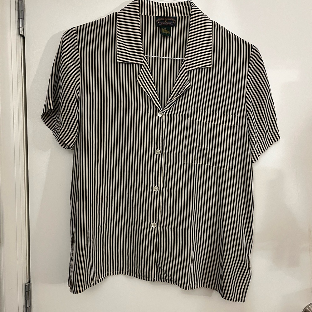 100% Silk Black and White Striped Button-Up Shirt